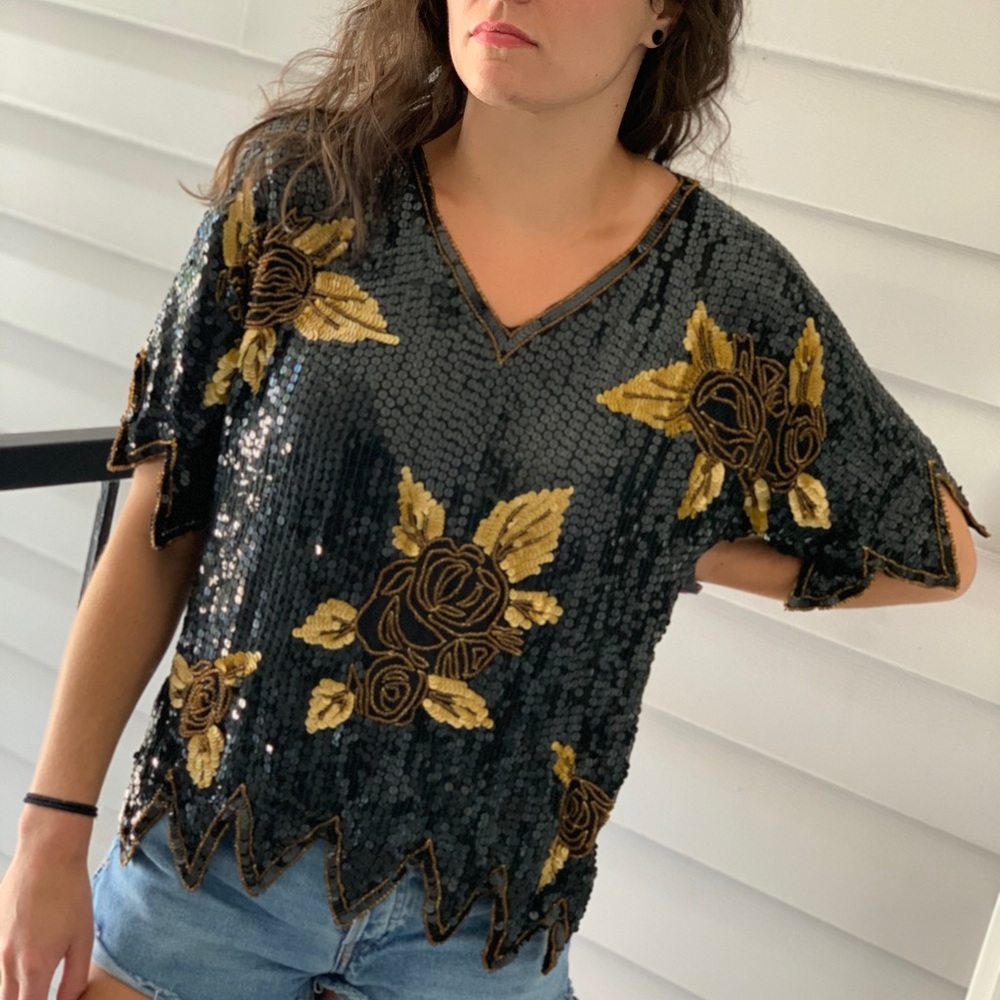 Vintage ROYAL FEELINGS Black &Gold Sequin top - Picture 5 of 13